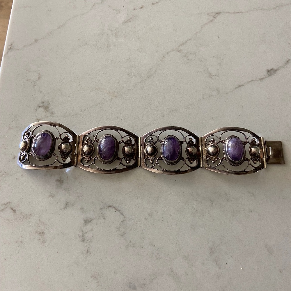 Vintage Sterling Silver bracelet with purple stones made in Mexico